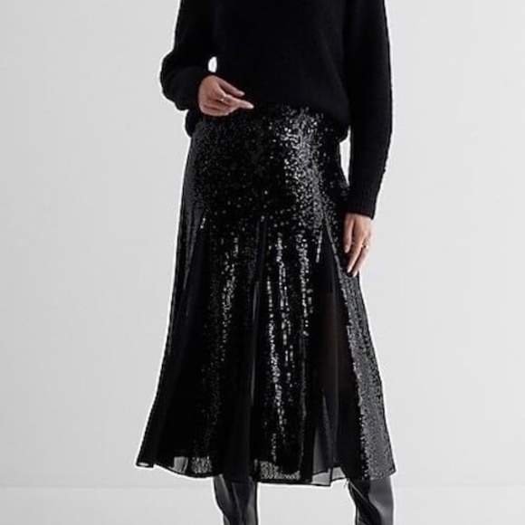 Express Sequined Midi Skirt with Sheer Panels - Picture 1 of 11